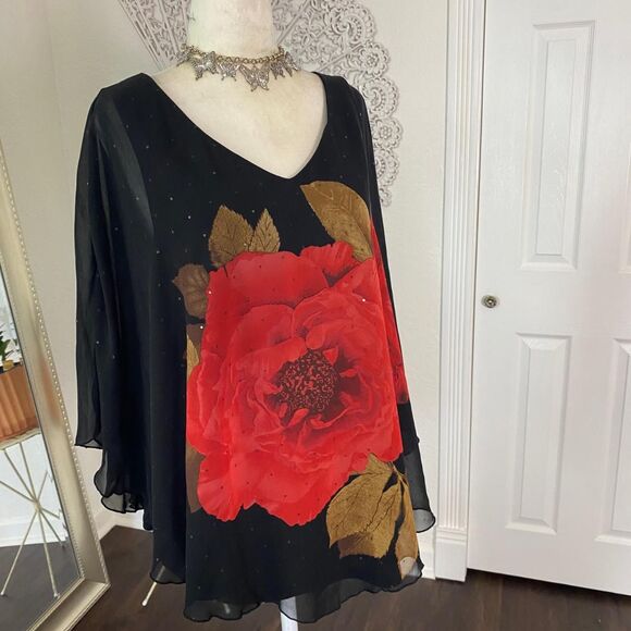 Dressbarn Whimsygoth Bat Sleeve Shawl Asymmetric Plus Size Mesh Rose Top 1X - Picture 4 of 7